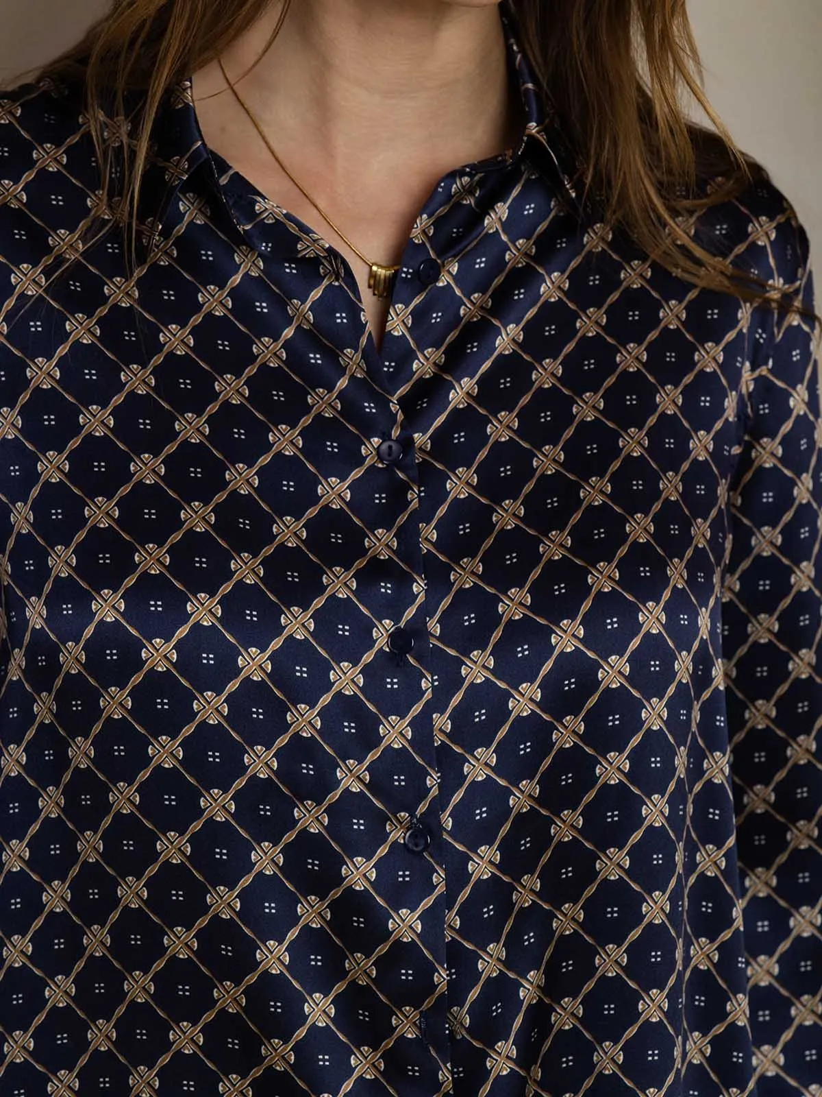 19Momme Women's Silk Navy Chain Print Button-Up Shirt & Wide-Leg Pants Set sold by SilkSilky product image thumbnail 5