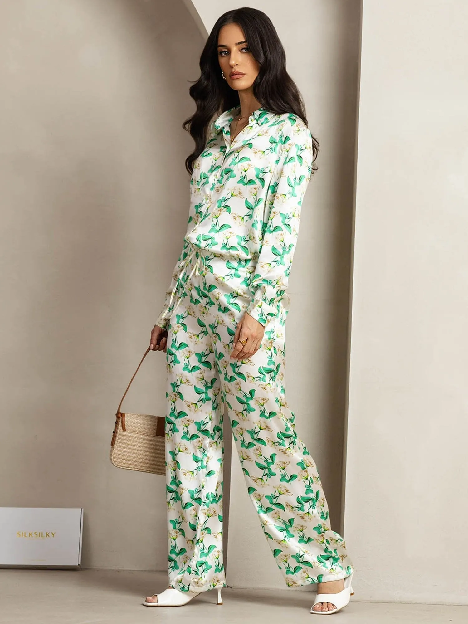 19Momme Women's Silk Green Floral Print Button-Up Shirt & Wide-Leg Pants Set sold by SilkSilky product image thumbnail 3