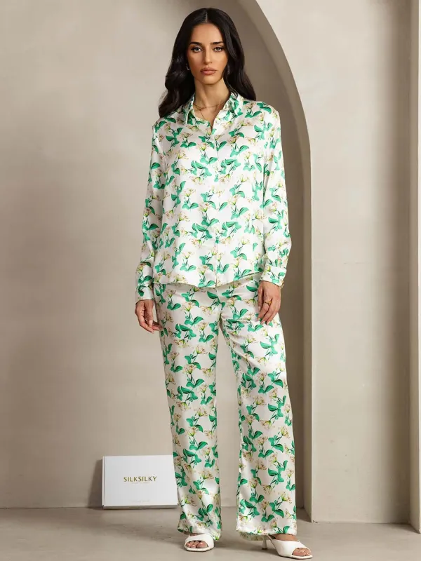 19Momme Women's Silk Green Floral Print Button-Up Shirt & Wide-Leg Pants Set sold by SilkSilky