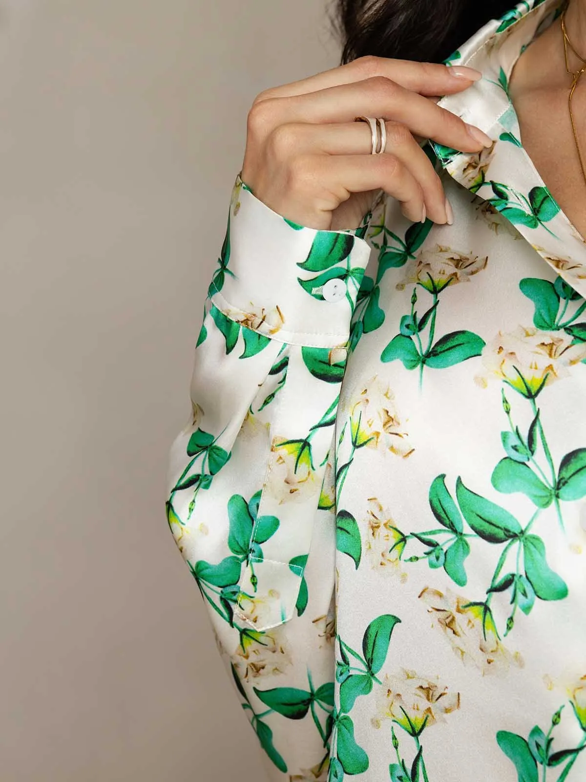 19Momme Women's Silk Green Floral Print Button-Up Shirt & Wide-Leg Pants Set sold by SilkSilky product image thumbnail 5