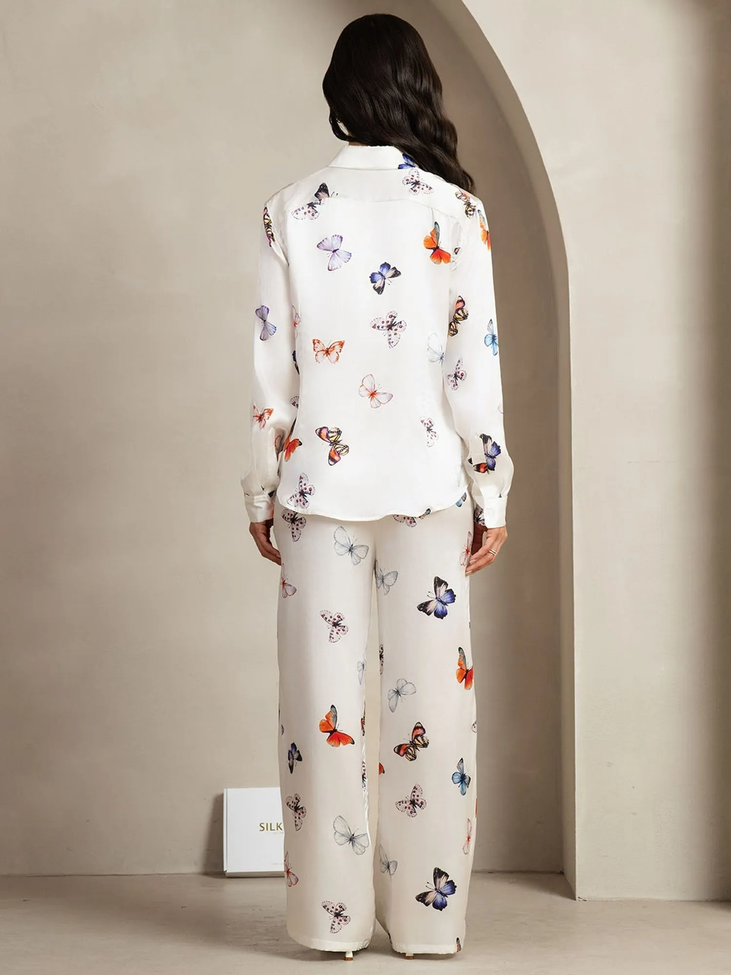 19Momme Women's Silk White Butterfly Print Button-Up Shirt & Wide-Leg Pants Set sold by SilkSilky product image thumbnail 2