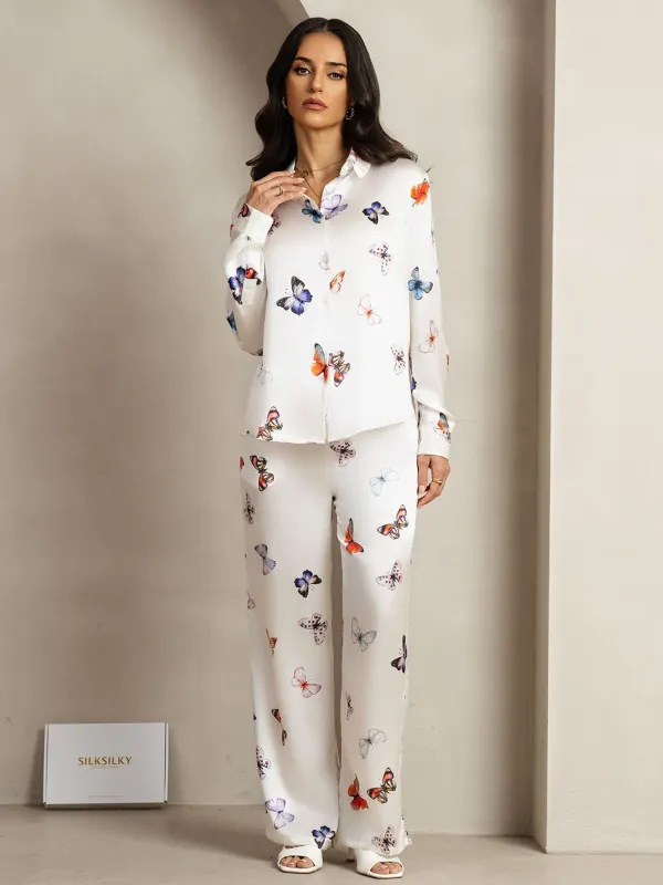 19Momme Women's Silk White Butterfly Print Button-Up Shirt & Wide-Leg Pants Set sold by SilkSilky