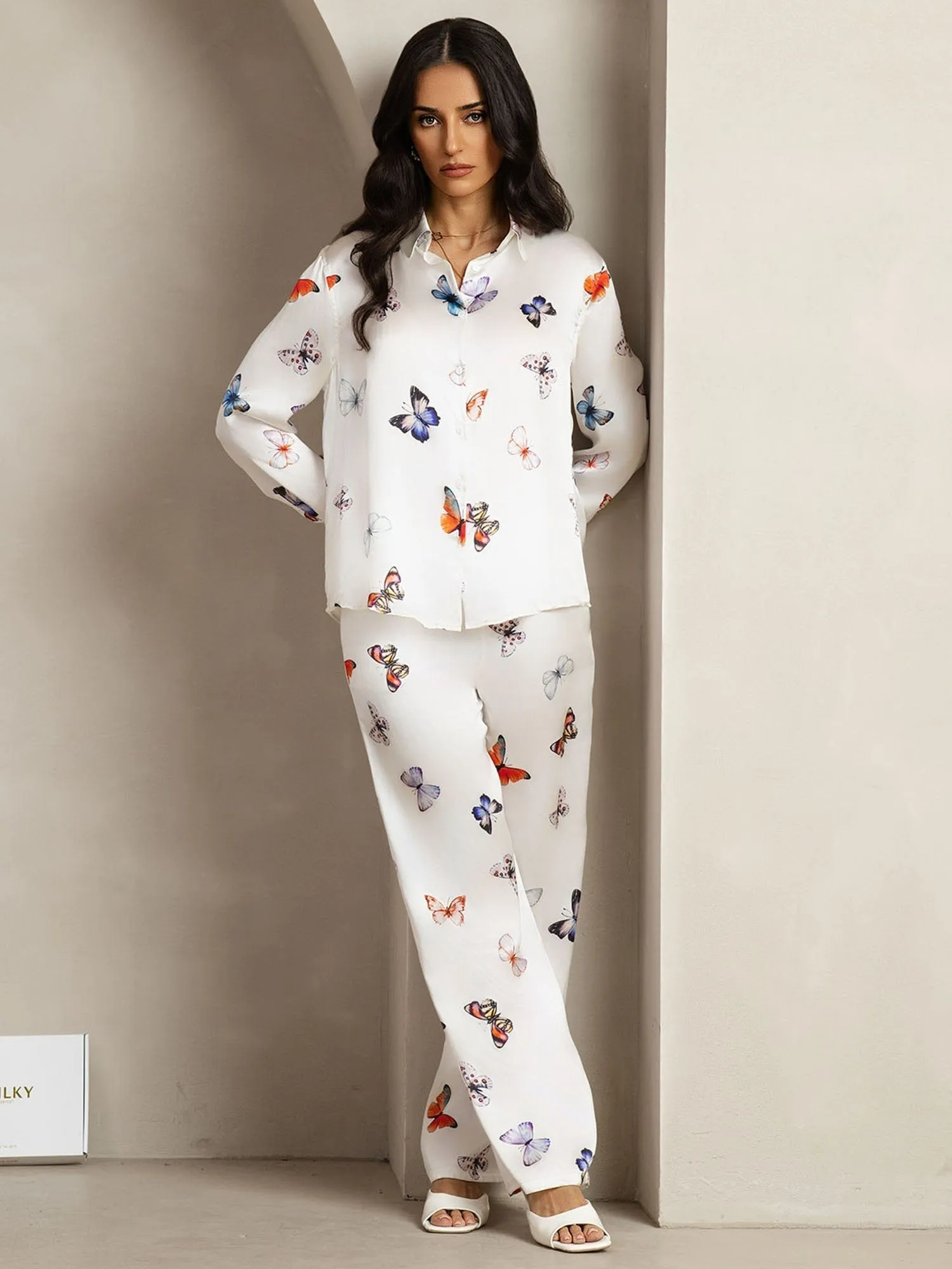 19Momme Women's Silk White Butterfly Print Button-Up Shirt & Wide-Leg Pants Set sold by SilkSilky product image thumbnail 3