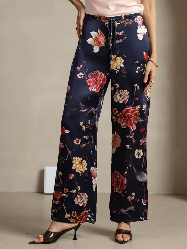 19Momme Silk Navy Floral Print Wide Leg Women's Pants With Side Pockets Design sold by SilkSilky