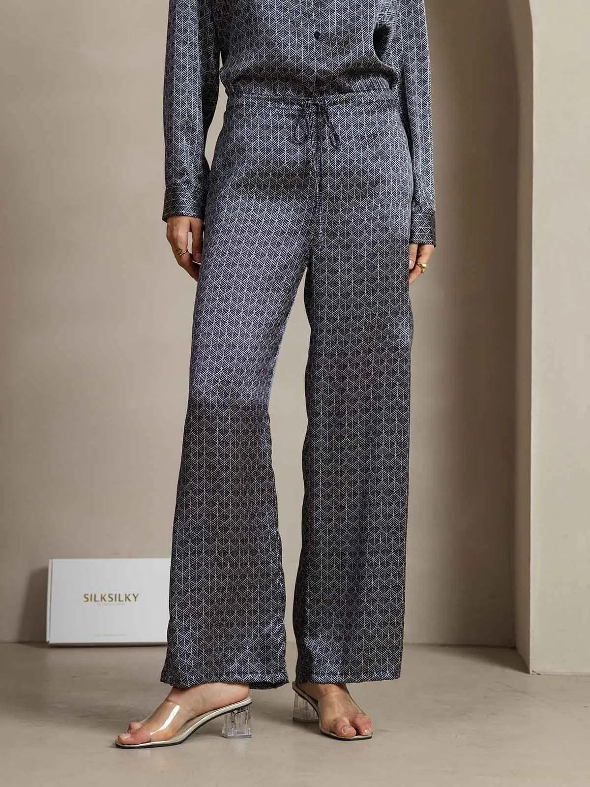 19Momme Silk Navy Ginkgo Print Wide Leg Women's Pants With Side Pockets Design sold by SilkSilky