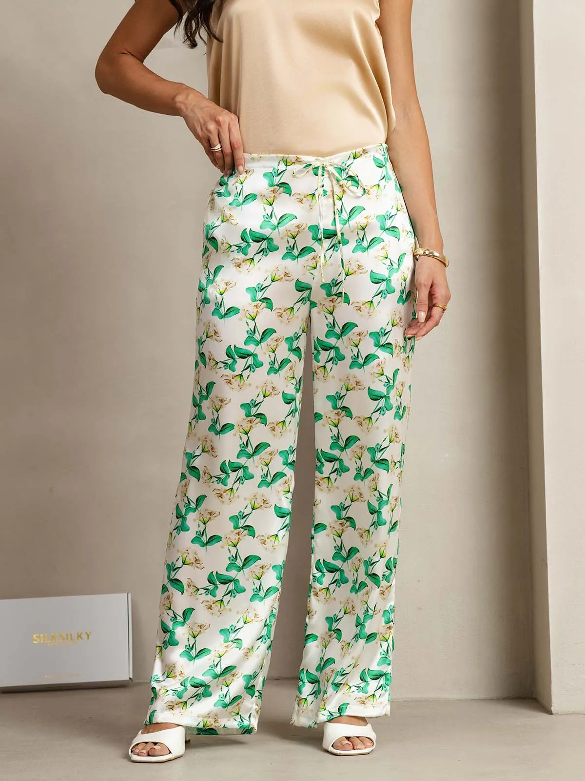 19Momme Silk Green Floral Print Wide Leg Women's Pants With Side Pockets Design sold by SilkSilky