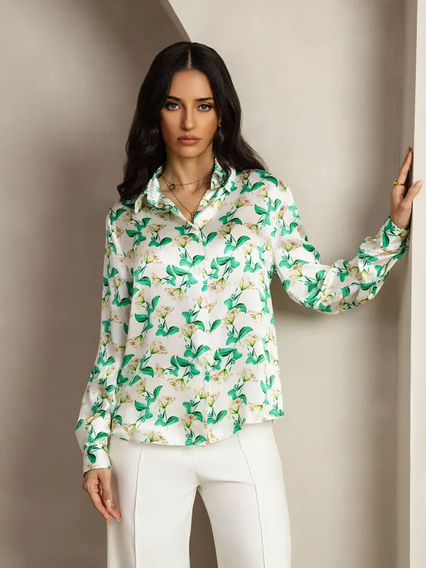 19Momme Silk Green Floral Print Long Sleeve Lapel Collar Women's Shirt sold by SilkSilky