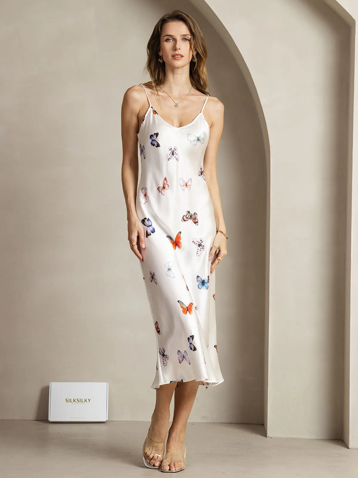 19Momme Silk White Butterfly Print V Neck Adjustable Strap Midi Dress sold by SilkSilky product image thumbnail 3