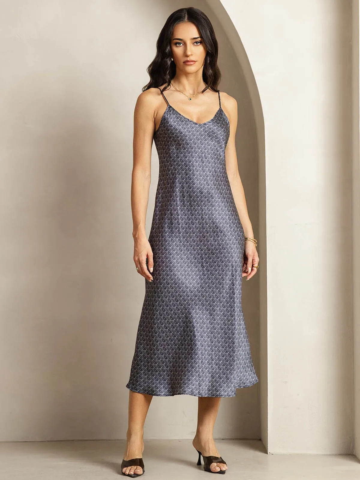 19Momme Silk Navy Ginkgo Print V Neck Adjustable Strap Midi Dress sold by SilkSilky product image thumbnail 4