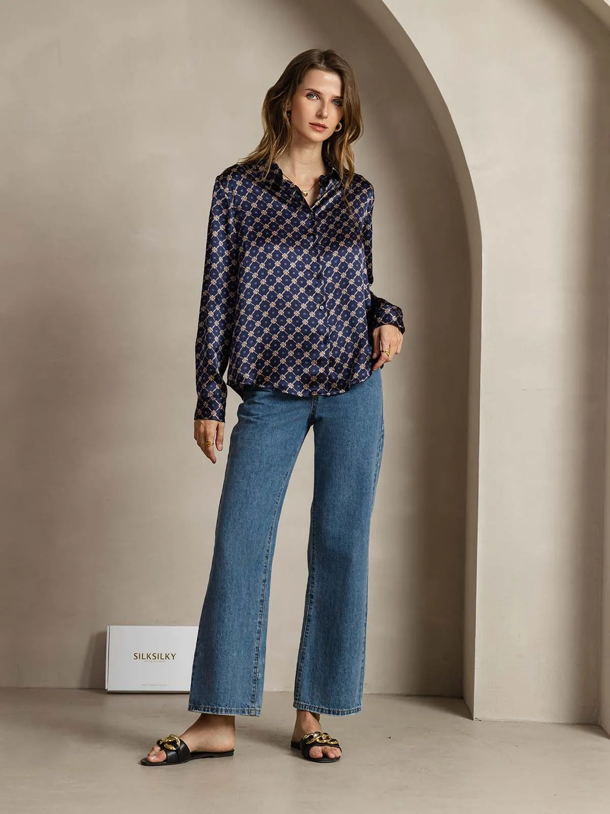 19Momme Silk Navy Chain Print Long Sleeve Lapel Collar Women's Shirt sold by SilkSilky product image thumbnail 3