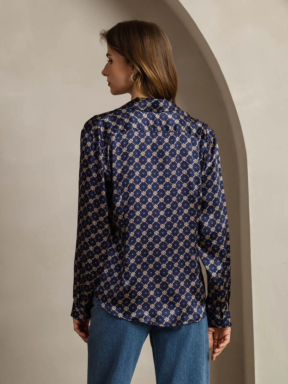 19Momme Silk Navy Chain Print Long Sleeve Lapel Collar Women's Shirt sold by SilkSilky product image thumbnail 2