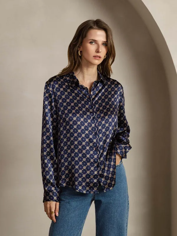 19Momme Silk Navy Chain Print Long Sleeve Lapel Collar Women's Shirt sold by SilkSilky