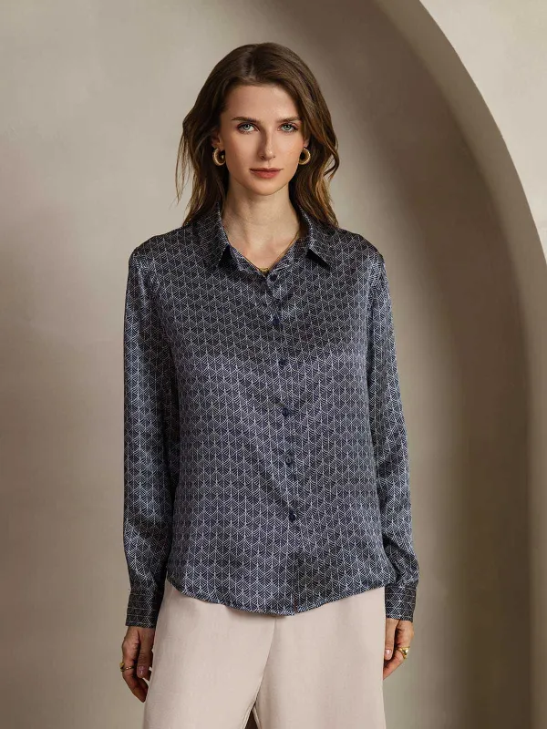 19Momme Silk Navy Ginkgo Print Long Sleeve Lapel Collar Women's Shirt sold by SilkSilky