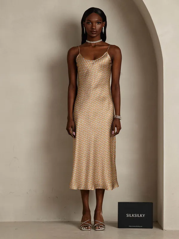 Pure Silk Geometric Print Spaghetti Strap V Neck Midi Dress sold by SilkSilky