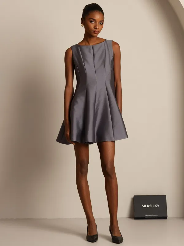 Clearance - 32Momme Silk-Wool Blend Casual Sleeveless Skater Short Dress sold by SilkSilky