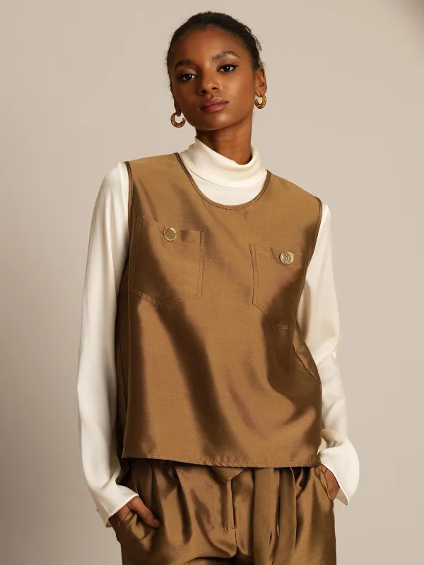 Clearance - 32Momme Silk-Wool Blend Women's Vest with Button Pocket Design sold by SilkSilky