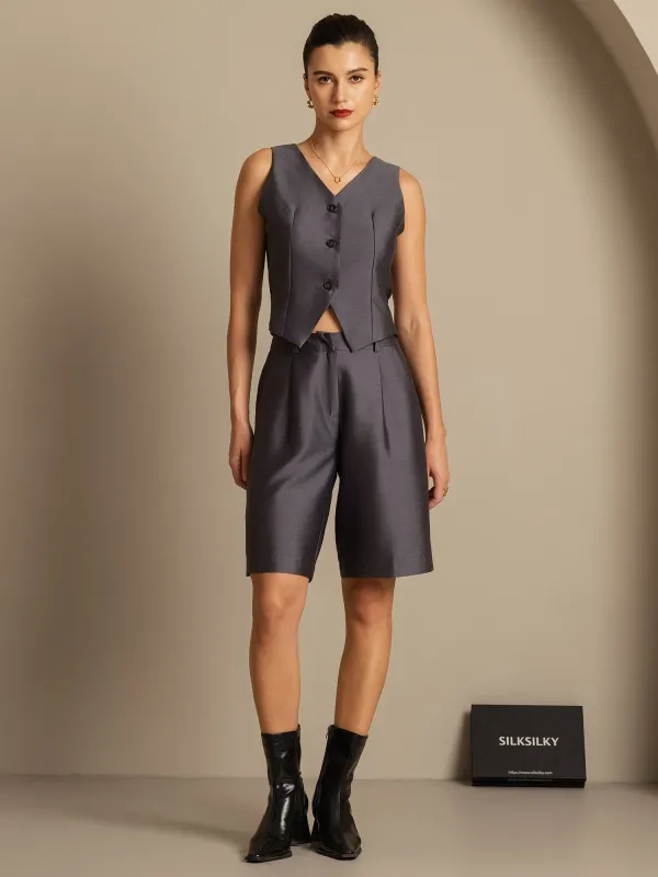 Clearance - 32Momme Silk-Wool Blend Women's V Neck Vest with Button Design sold by SilkSilky