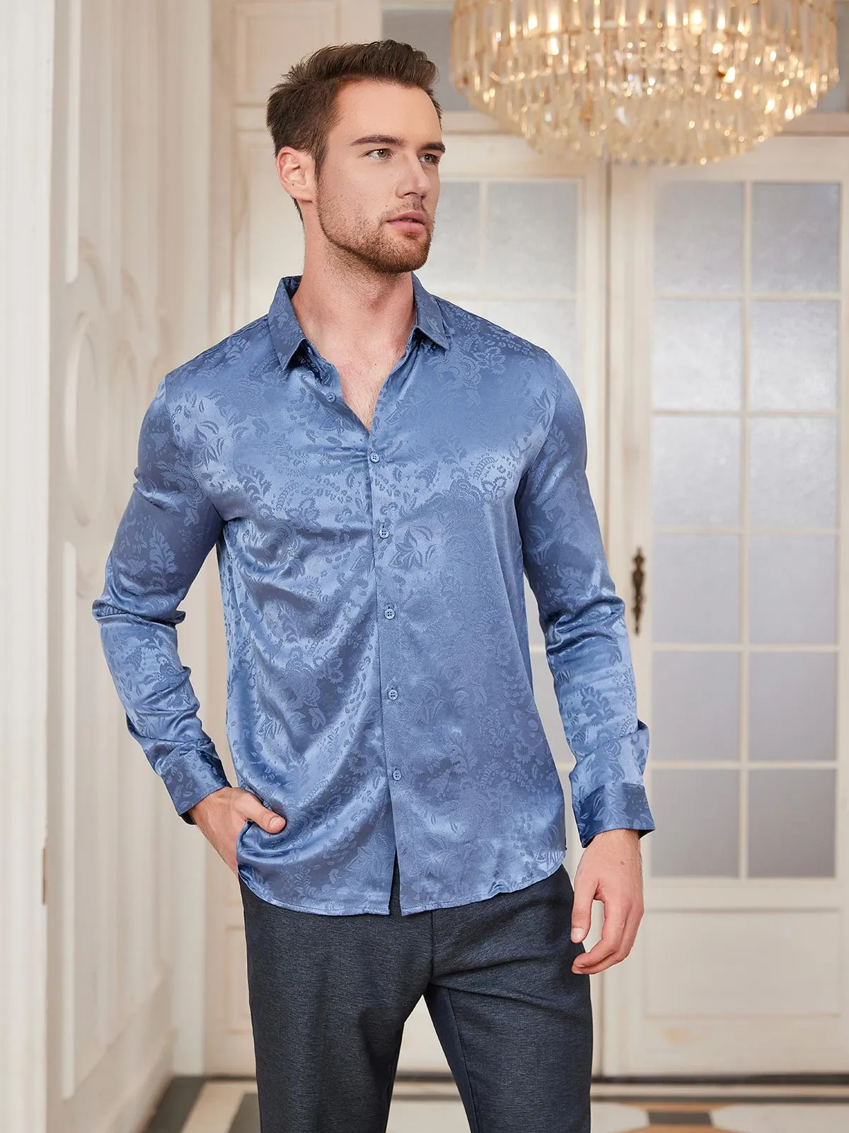 Clearance - Mulberry Silk Jacquard Shirt for Men sold by SilkSilky