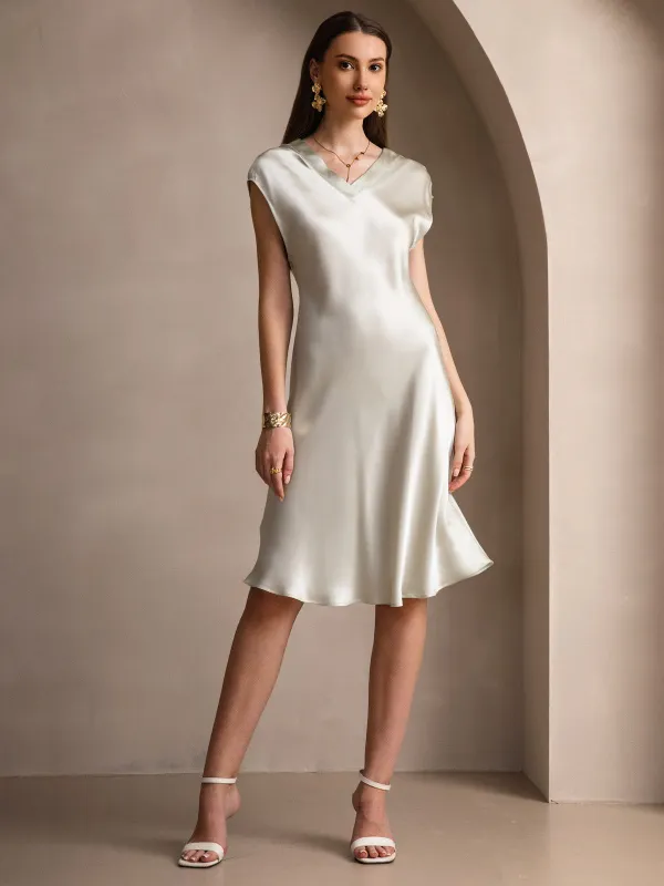 Clearance - Pure Silk Cap Sleeve V Neck Knee Dress sold by SilkSilky