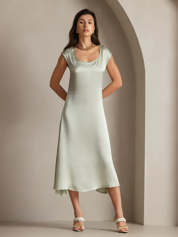 Clearance - 19Momme Silk Cap Sleeve Round Neck Midi Dress sold by SilkSilky