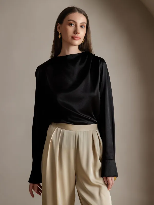 Clearance - 19Momme Silk Long Sleeve Boat Neck Blouse sold by SilkSilky