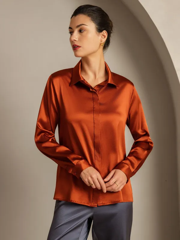 Clearance - 19Momme Silk Long Sleeve Lapel Collar Women's Shirt sold by SilkSilky