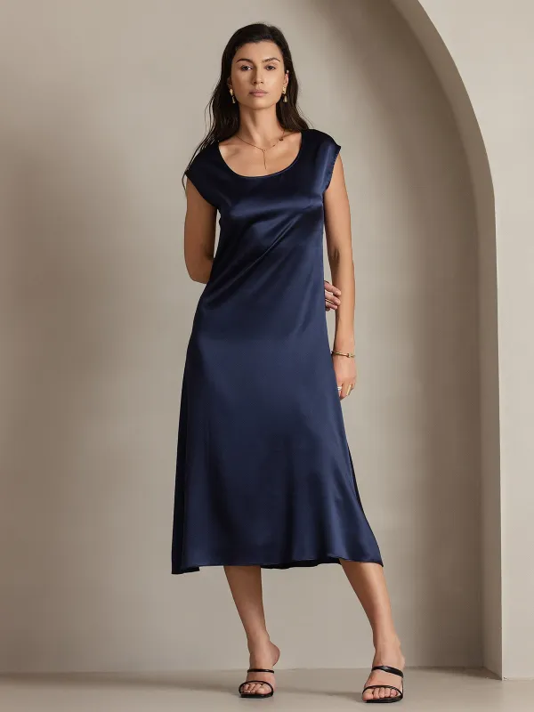 Clearance - 19Momme Silk Cap Sleeve Round Neck Midi Dress made by SilkSilky
