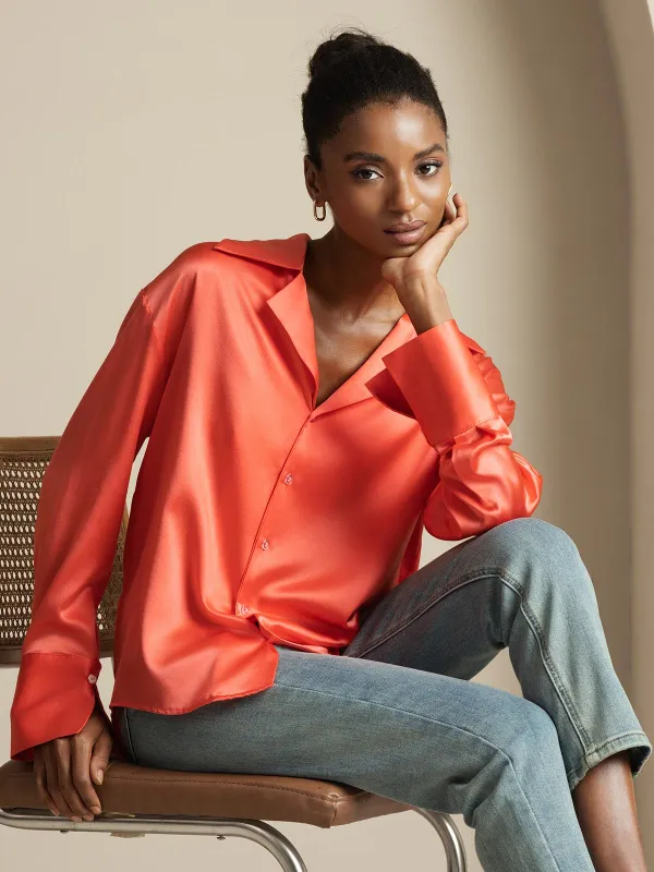 Clearance - 19Momme Silk Long Sleeve Notch Collar Women's Shirt sold by SilkSilky