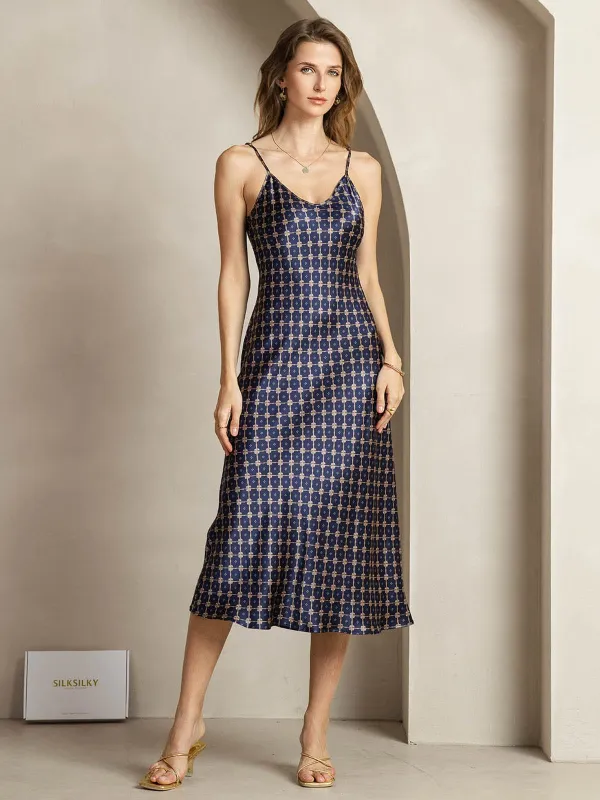 Clearance - 19Momme Silk Navy Chain Print V Neck Adjustable Strap Midi Dress made by SilkSilky