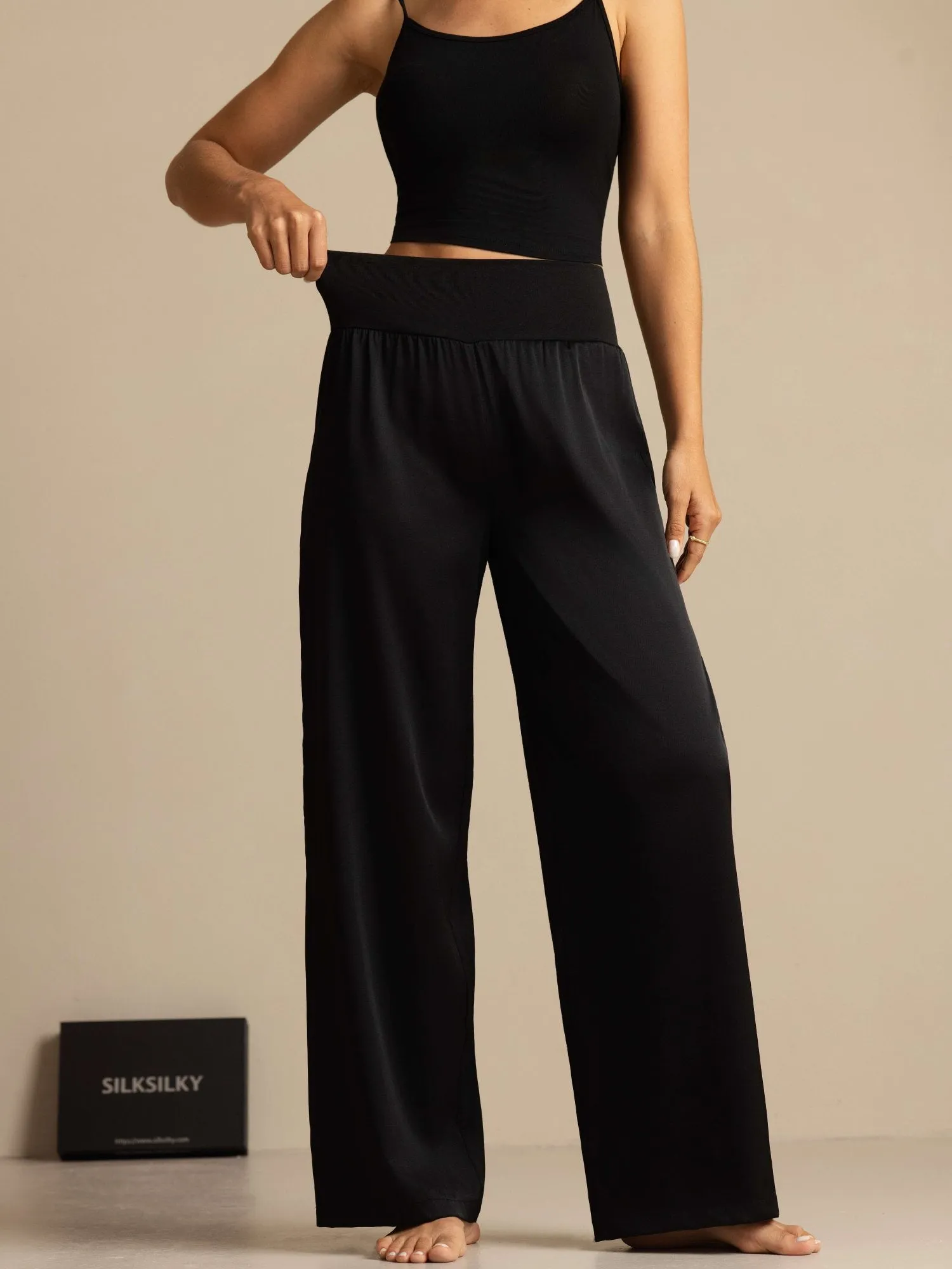 19Momme Silk Women's High-Waist Wide Leg Pants with Wide Stretch Waistband sold by SilkSilky