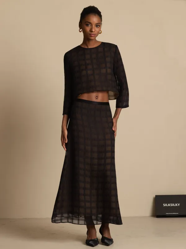 100% Mulberry Silk Women's Textured Grid Crop Blouse & A-Line Long Skirt Set made by SilkSilky