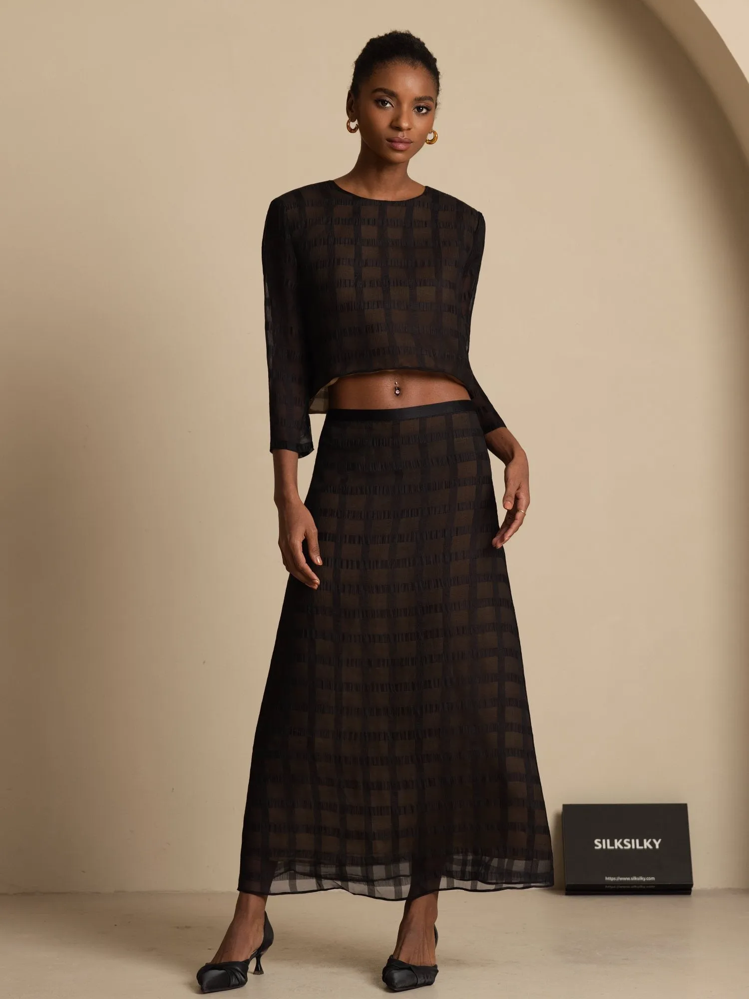 100% Mulberry Silk Women's Textured Grid Crop Blouse & A-Line Long Skirt Set sold by SilkSilky product image thumbnail 3