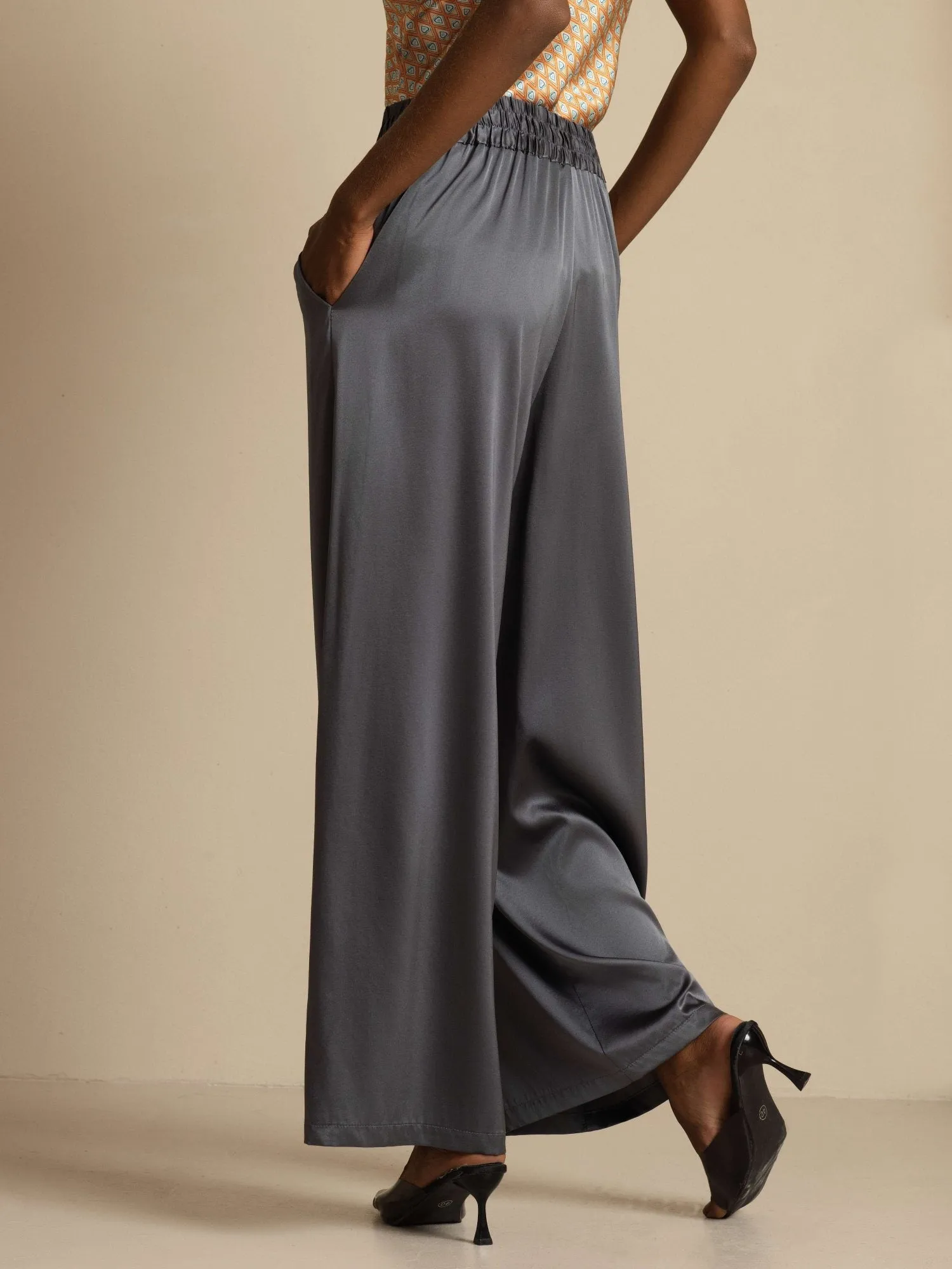 19Momme Silk Women’s High-Waist Wide Leg Pants with Shirred Drawstring Waist sold by SilkSilky product image thumbnail 2