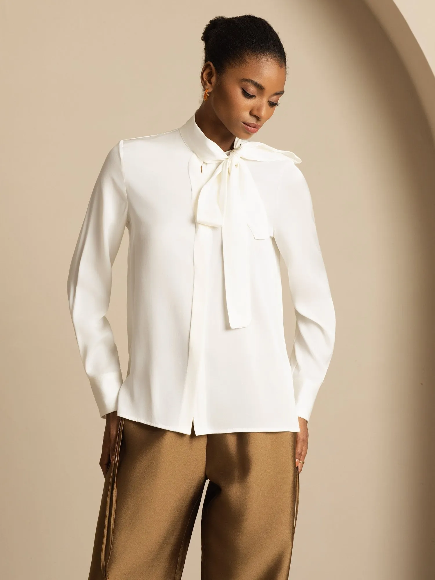 19Momme Silk Women's Tie Neck Long Sleeve Blouse sold by SilkSilky product image thumbnail 4