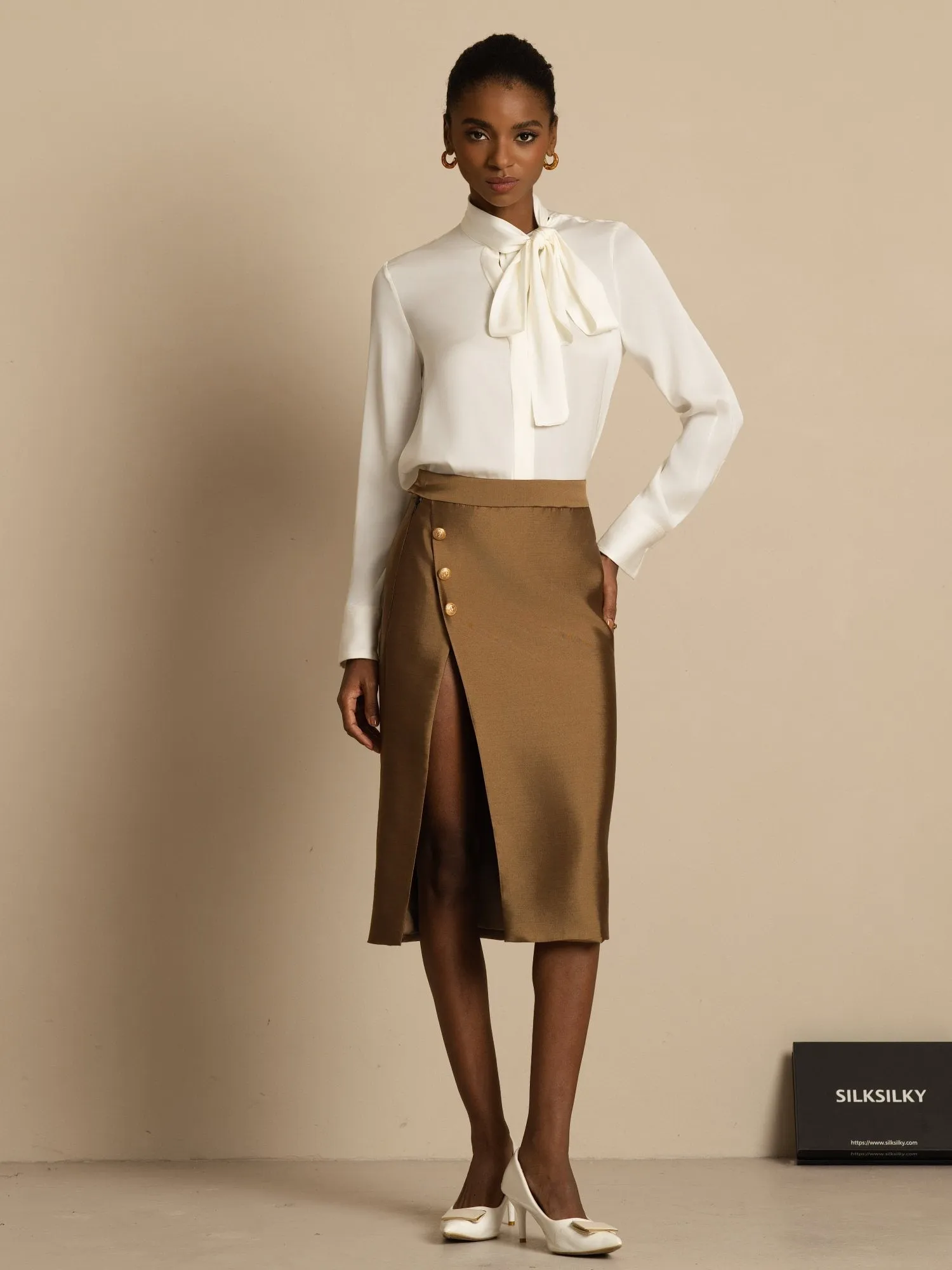 19Momme Silk Women's Tie Neck Long Sleeve Blouse sold by SilkSilky product image thumbnail 2