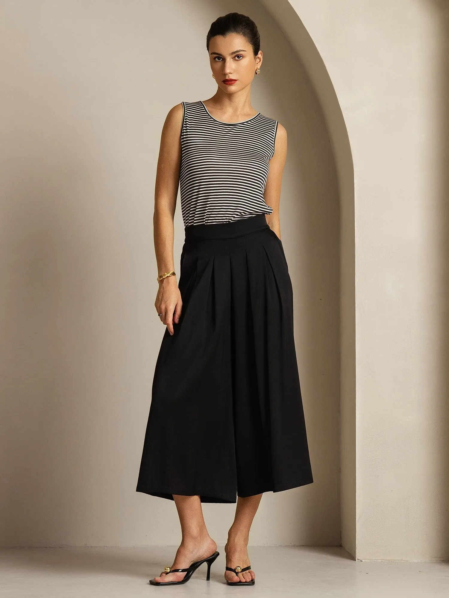 19Momme Silk Women's High Waist Pleated Wide Leg Capri Pants sold by SilkSilky product image thumbnail 5