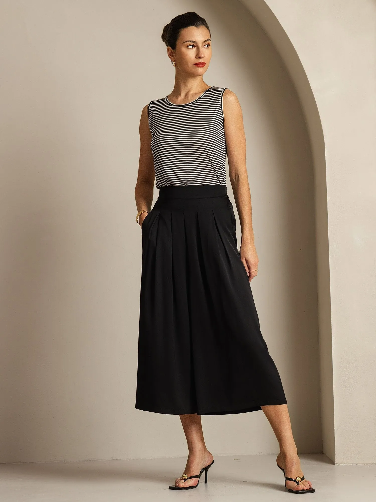 19Momme Silk Women's High Waist Pleated Wide Leg Capri Pants sold by SilkSilky product image thumbnail 3