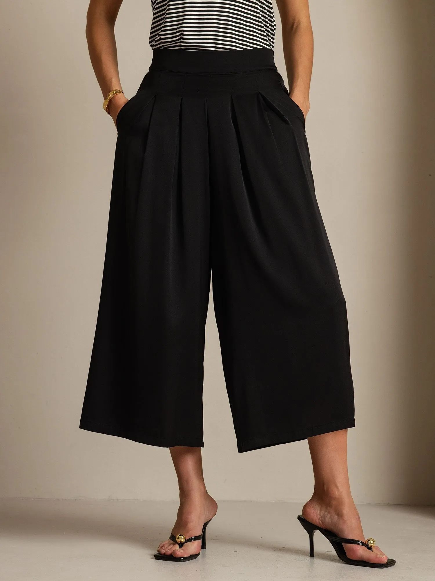 19Momme Silk Women's High Waist Pleated Wide Leg Capri Pants sold by SilkSilky