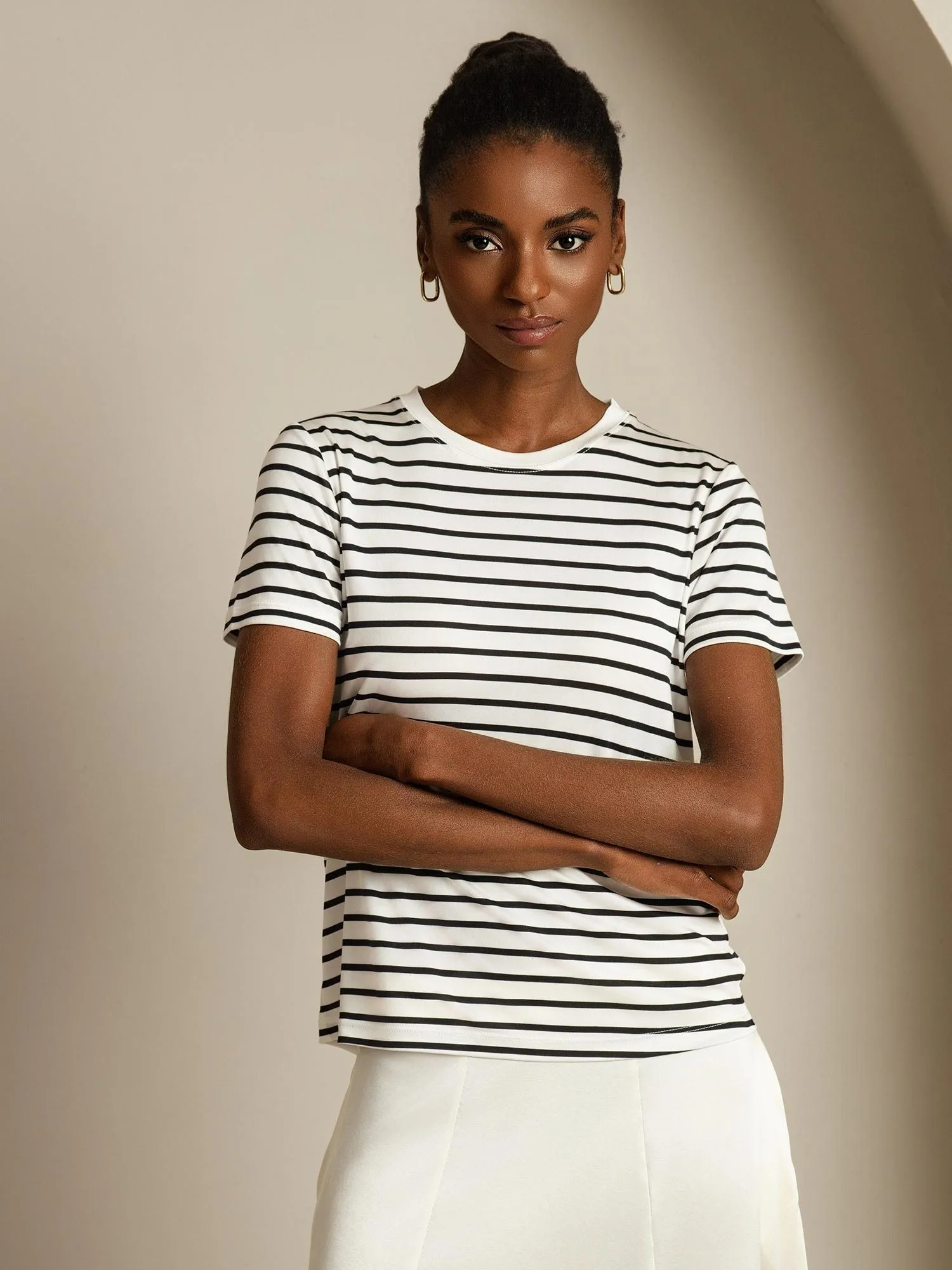 Pure Silk Crew Neck Short Sleeve Women's Sport Stripe Print T-Shirt sold by SilkSilky product image thumbnail 5