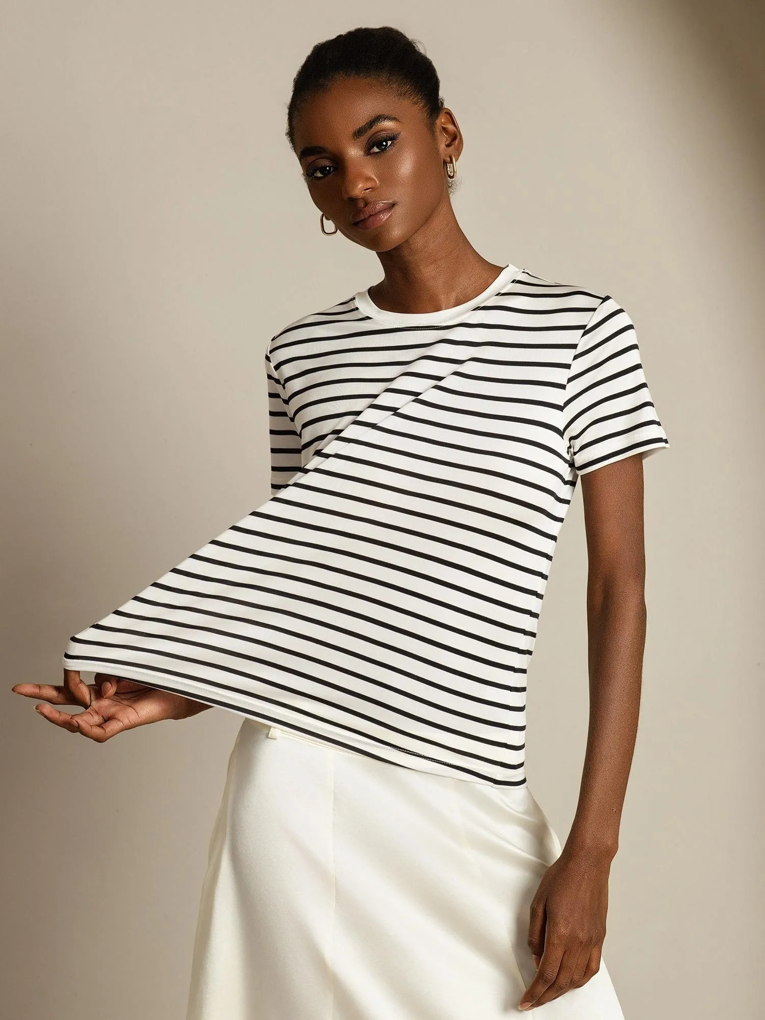 Pure Silk Crew Neck Short Sleeve Women's Sport Stripe Print T-Shirt sold by SilkSilky