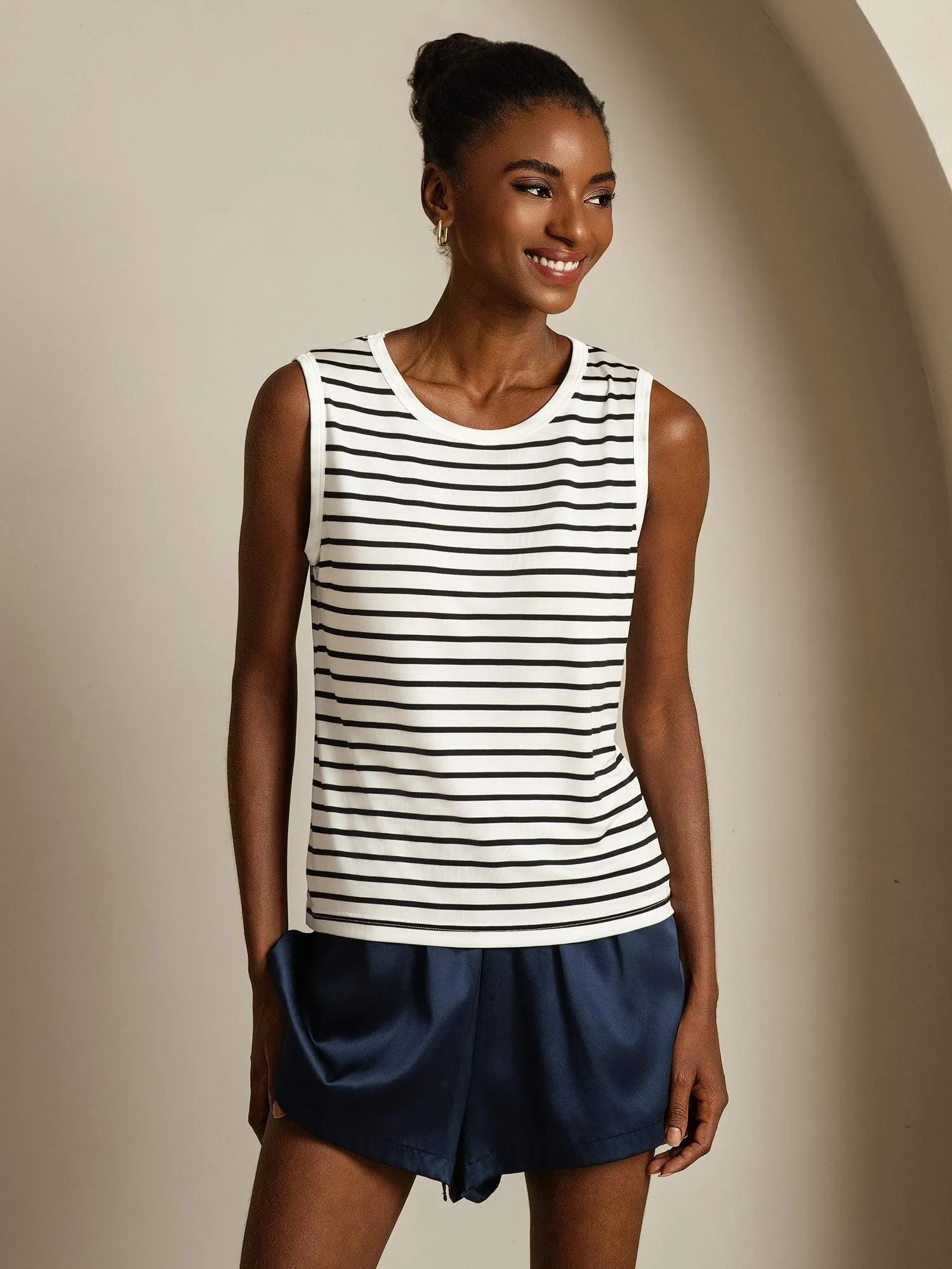 Women's 100% Mulberry Silk Round Neck Casual Stripe Print Tank Top sold by SilkSilky