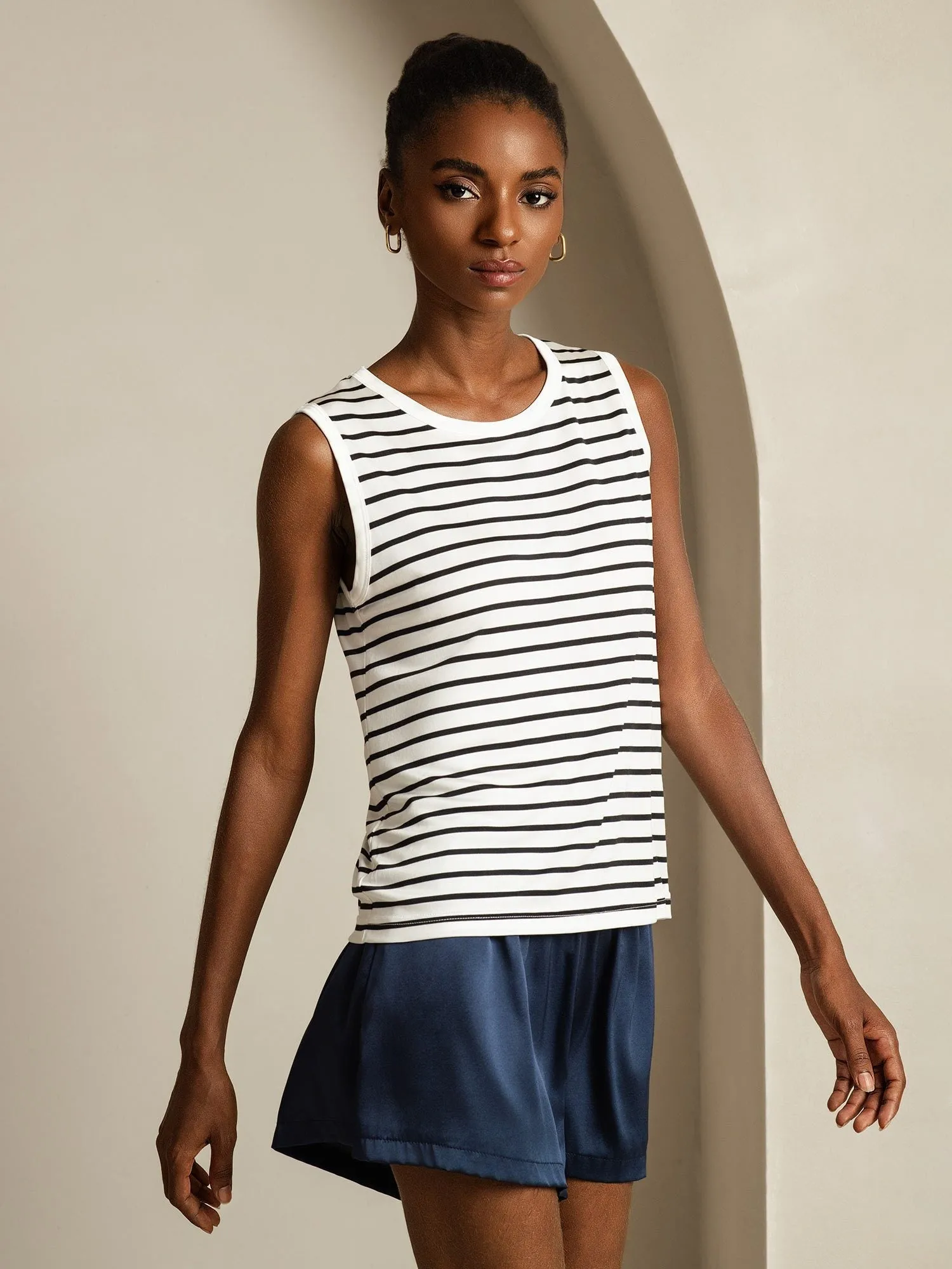 Women's 100% Mulberry Silk Round Neck Casual Stripe Print Tank Top sold by SilkSilky product image thumbnail 3