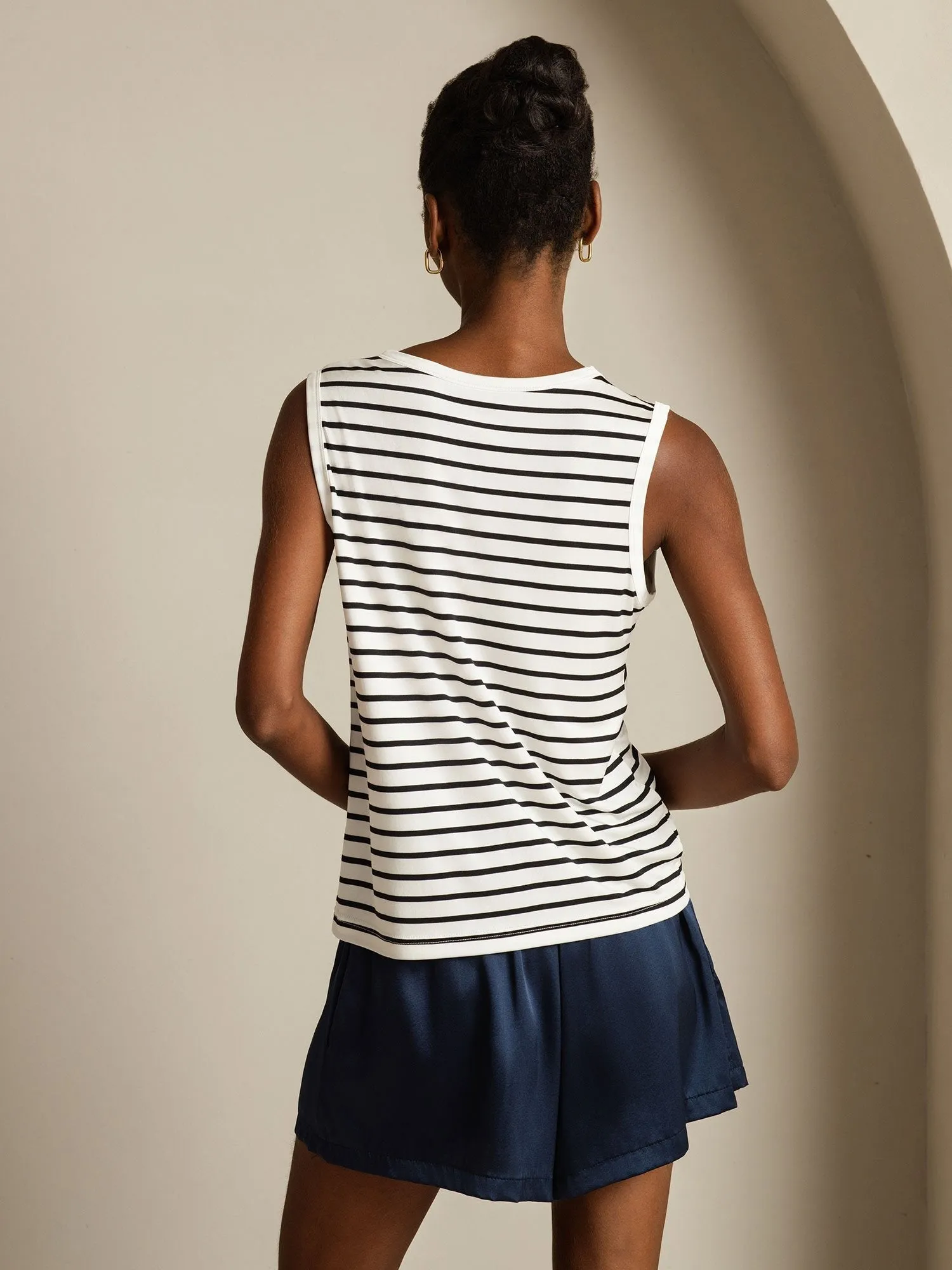 Women's 100% Mulberry Silk Round Neck Casual Stripe Print Tank Top sold by SilkSilky product image thumbnail 2