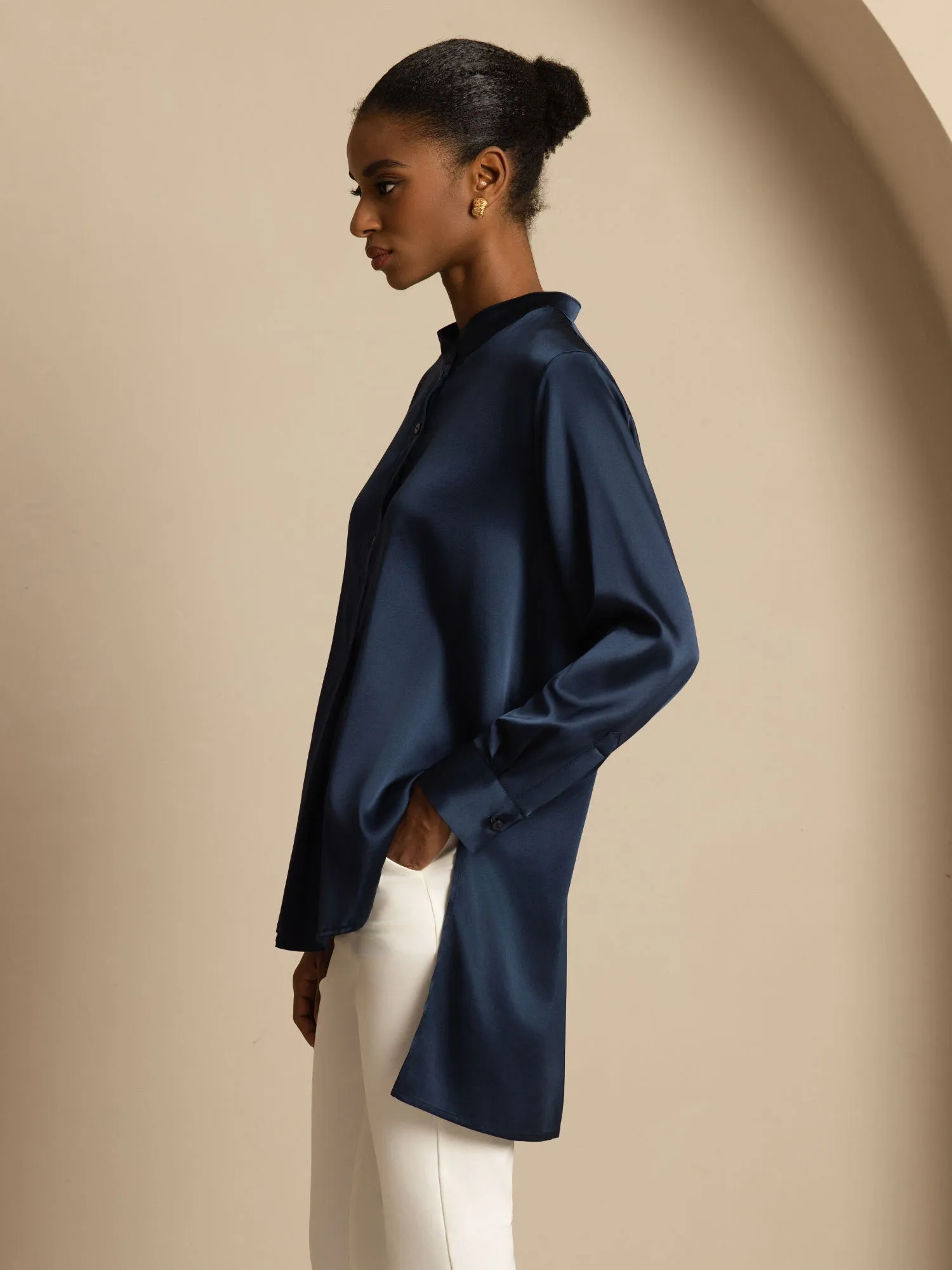 19Momme Silk Women’s Stand Collar High-Low Blouse With Button Detail sold by SilkSilky product image thumbnail 3