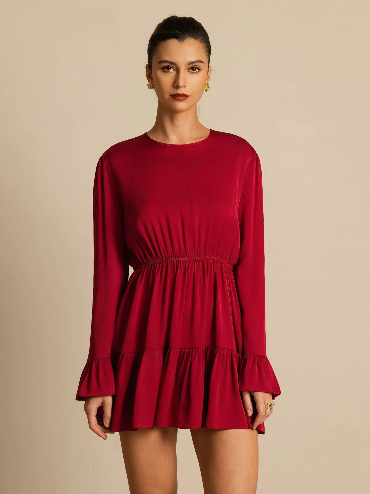 19Momme Silk Ruffle Sleeves Short A-Line Flowy Dress sold by SilkSilky product image thumbnail 5