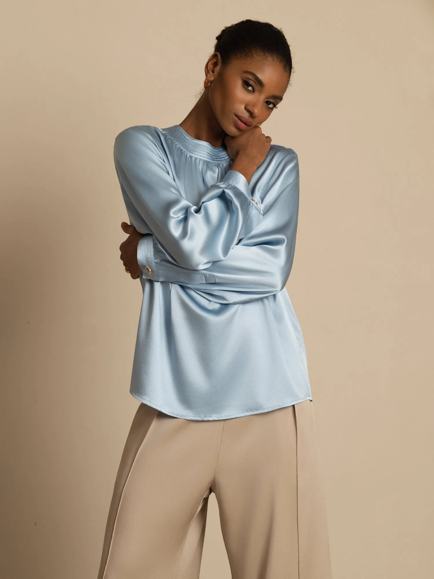 19Momme Silk Women’s Gathered Neck Long Sleeve Blouse sold by SilkSilky product image thumbnail 5