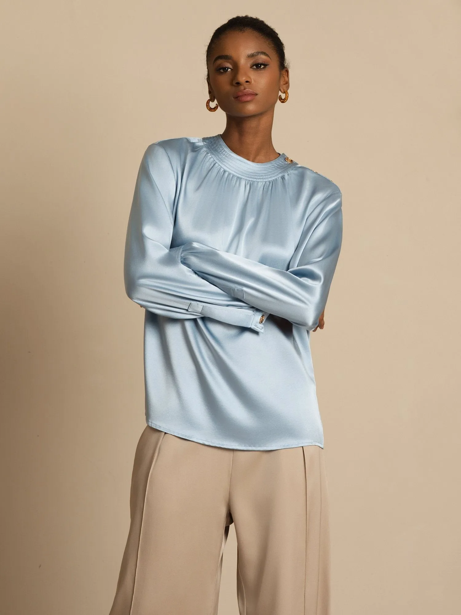 19Momme Silk Women’s Gathered Neck Long Sleeve Blouse sold by SilkSilky product image thumbnail 4