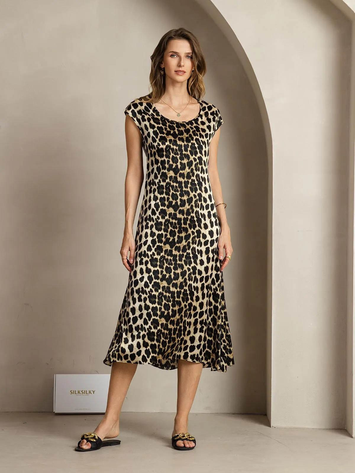 Clearance - 19Momme Silk Leopard Print Cap Sleeve Midi Dress sold by SilkSilky product image thumbnail 3