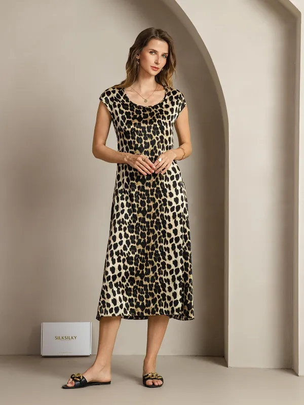 Clearance - 19Momme Silk Leopard Print Cap Sleeve Midi Dress sold by SilkSilky