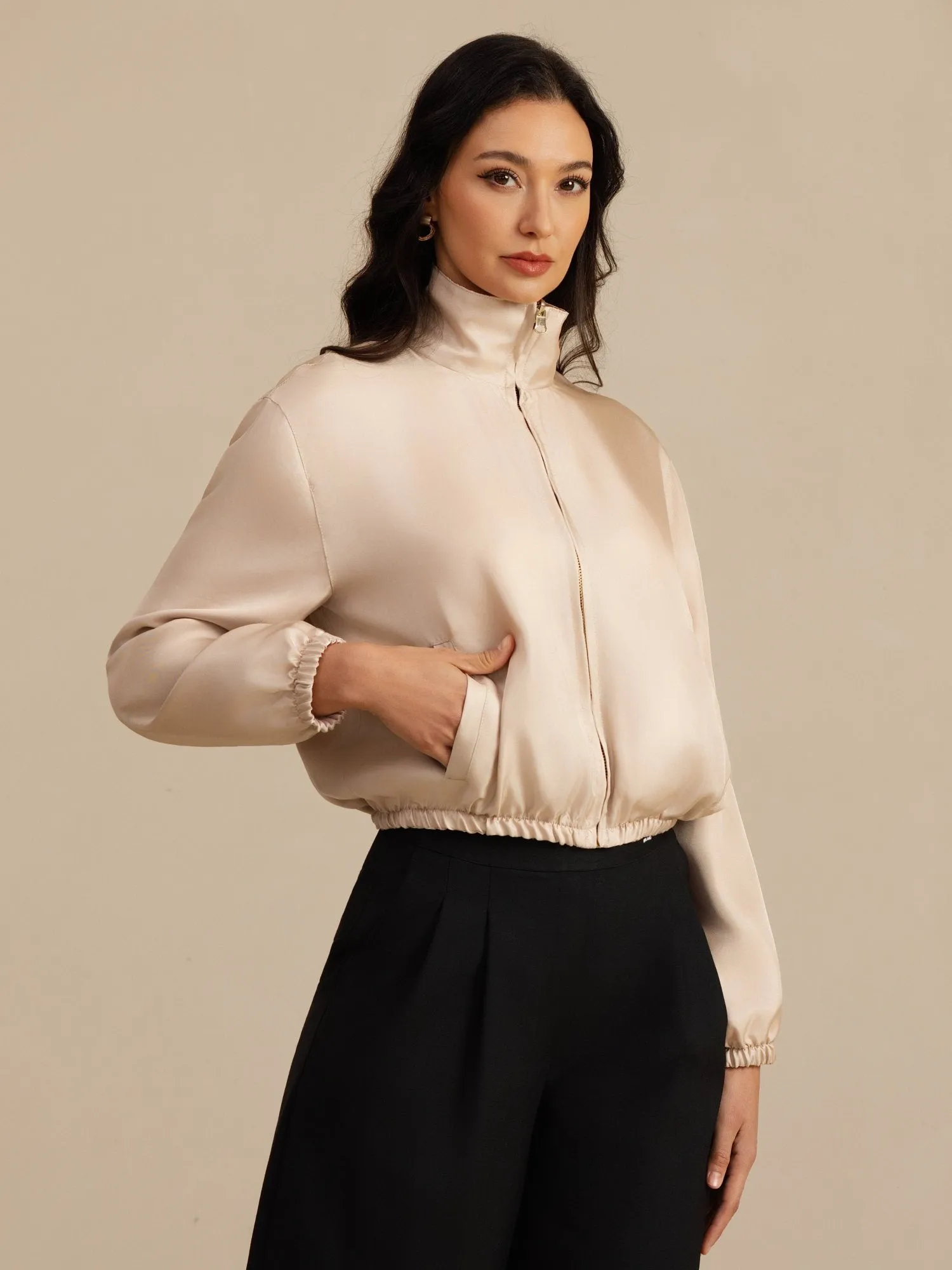 Pure Silk Women's Short Stand Collar Reversible Jacket With Pockets sold by SilkSilky product image thumbnail 4